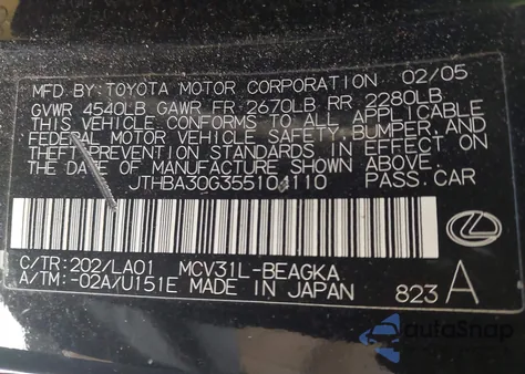 2005 Lexus Es 330 z USA, uszkodzony, nr VIN JTHBA30G355104110